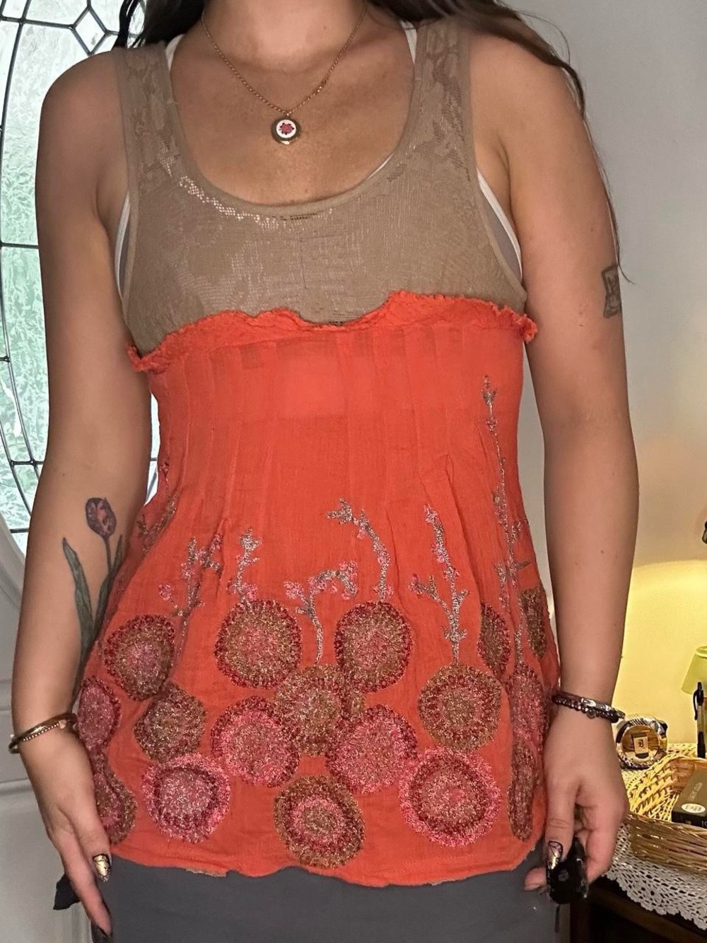 Free People Orange and Tan Layered Embroidered Tank Top